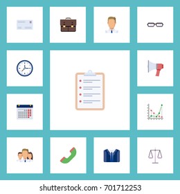 Flat Icons Costume, Employee, Task List And Other Vector Elements. Set Of Business Flat Icons Symbols Also Includes Watch, Unity, Clock Objects.