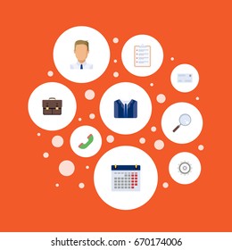 Flat Icons Costume, Envelope, Magnifier And Other Vector Elements. Set Of Trade Flat Icons Symbols Also Includes Schedule, Handset, Clothes Objects.