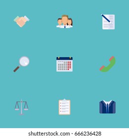 Flat Icons Costume, Libra, Handshake Vector Elements. Set Of Trade Flat Icons Symbols Also Includes Loupe, Contract, Date Objects.