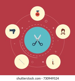 Flat Icons Cotton Buds, Blow-Dryer, Spray And Other Vector Elements. Set Of Barber Flat Icons Symbols Also Includes Hairdresser, Swab, Shears Objects.