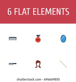 Flat Icons Cotton Buds, Comb, Hairbrush And Other Vector Elements. Set Of Barber Flat Icons Symbols Also Includes Scallop, Hairstyle, Hairdresser Objects.