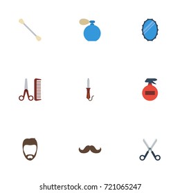 Flat Icons Cotton Buds, Hairstylist, Shears And Other Vector Elements. Set Of Barber Flat Icons Symbols Also Includes Hairstyle, Deodorant, Hair Objects.