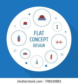 Flat Icons Courthouse, London, Bridge And Other Vector Elements. Set Of Famous Flat Icons Symbols Also Includes Shibuya, Japan, Eiffel Objects.