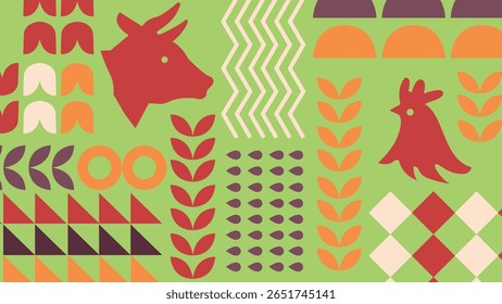 Flat icons of cow and chicken with red leaves, food blocks and earthy elements on green background, ideal for meat or farm visuals.