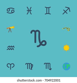 Flat Icons Crab, Fishes, Archer And Other Vector Elements. Set Of Galaxy Flat Icons Symbols Also Includes Aqurius, Cancer, Goat Objects.