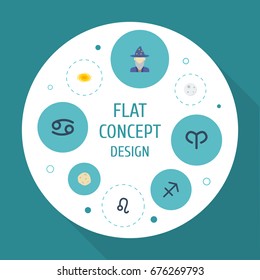 Flat Icons Crab, Lunar, Comet And Other Vector Elements. Set Of Astrology Flat Icons Symbols Also Includes Galaxy, Crab, Comet Objects.