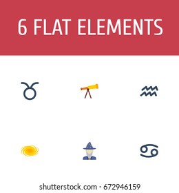 Flat Icons Crab, Space, Water Bearer And Other Vector Elements. Set Of Astronomy Flat Icons Symbols Also Includes Zodiac, Augur, Cancer Objects.