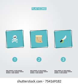 Flat Icons Cranium, Sabre, Treasure Map And Other Vector Elements. Set Of Corsair Flat Icons Symbols Also Includes Skull, Cartography, Pirate Objects.