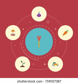 Flat Icons Cultivator, Veggie, Farm Vehicle And Other Vector Elements. Set Of Agriculture Flat Icons Symbols Also Includes Farm, Soil, Grower Objects.