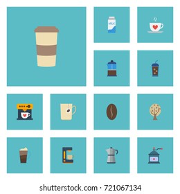Flat Icons Cup, Espresso Dispenser, Plastic Cup And Other Vector Elements. Set Of Beverage Flat Icons Symbols Also Includes Saucer, Pot, French Objects.