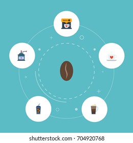 Flat Icons Cup, Latte, Arabica Bean And Other Vector Elements. Set Of Beverage Flat Icons Symbols Also Includes Grinder, Cocktail, Dispenser Objects.