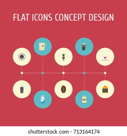 Flat Icons Cup, Mug, Arabica Bean And Other Vector Elements. Set Of Beverage Flat Icons Symbols Also Includes Capsule, Latte, Milk Objects.