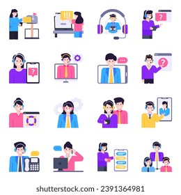 Iconos planos de caracteres de asistencia al cliente
