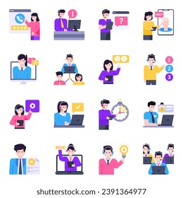 Flat Icons of Customer Tech Support Characters
