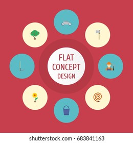 Flat Icons Cutter, Garden Hose, Green Wood And Other Vector Elements. Set Of Horticulture Flat Icons Symbols Also Includes Tree, Pail, Hatchet Objects.