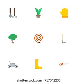 Flat Icons Cutter, Hacksaw, Tools And Other Vector Elements. Set Of Gardening Flat Icons Symbols Also Includes Hacksaw, Hosepipe, Saw Objects.
