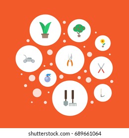 Flat Icons Cutter, Pruner, Flowerpot And Other Vector Elements. Set Of Horticulture Flat Icons Symbols Also Includes Spray, Tree, Plant Objects.
