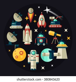 Flat icons with dark background about space equipment vector illustration. Colorful outer space stickers collection