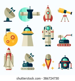 Flat icons with dark background about space equipment vector illustration. Colorful outer space stickers collection