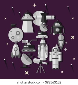 Flat icons with dark background about space equipment vector illustration. Colorful outer space stickers collection