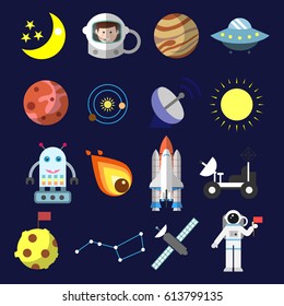 Flat icons with dark background about space equipment vector illustration. Colorful outer space stickers collection. Eps10