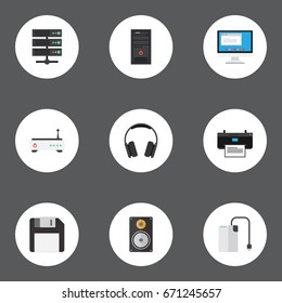 Flat Icons Datacenter, Diskette, Earphones And Other Vector Elements. Set Of Computer Flat Icons Symbols Also Includes Printer, Modem, Wifi Objects.