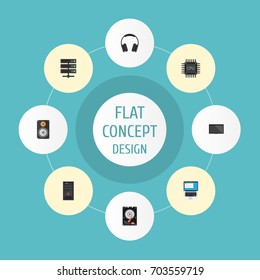 Flat Icons Datacenter, Laptop, Amplifier And Other Vector Elements. Set Of Computer Flat Icons Symbols Also Includes Earmuff, Server, Hdd Objects.