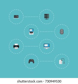 Flat Icons Datacenter, Printer, Display And Other Vector Elements. Set Of Laptop Flat Icons Symbols Also Includes Cable, Storage, Joystick Objects.