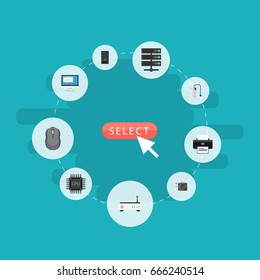 Flat Icons Datacenter, System Unit, Display And Other Vector Elements. Set Of PC Flat Icons Symbols Also Includes Storage, Play, Game Objects.