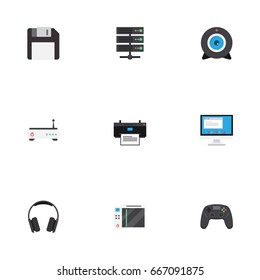 Flat Icons Datacenter, Web Cam, Display And Other Vector Elements. Set Of PC Flat Icons Symbols Also Includes Printing, Web, Database Objects.