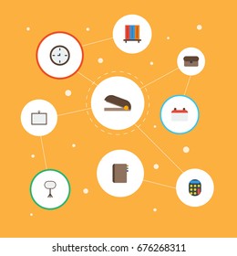 Flat Icons Date, Bookshop, Calculate And Other Vector Elements. Set Of Office Flat Icons Symbols Also Includes Desk, Clock, Bookshelf Objects.