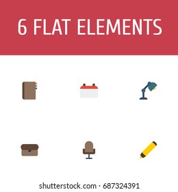 Flat Icons Date, Suitcase, Desk Light And Other Vector Elements. Set Of Bureau Flat Icons Symbols Also Includes Calendar, Book, Contact Objects.