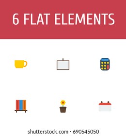 Flat Icons Date, Whiteboard, Tea And Other Vector Elements. Set Of Office Flat Icons Symbols Also Includes Calendar, Tea, Whiteboard Objects.