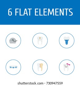 Flat Icons Decay, Halitosis, Children Dentist And Other Vector Elements. Set Of Dental Flat Icons Symbols Also Includes Dental, Treatment, Floss Objects.