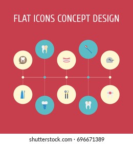 Flat Icons Decay, Implantation, Radiology And Other Vector Elements. Set Of Tooth Flat Icons Symbols Also Includes Decay, Floss, Health Objects.