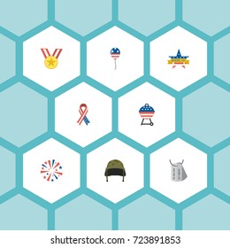 Flat Icons Decoration, Firecracker, Medallion And Other Vector Elements. Set Of Day Flat Icons Symbols Also Includes Awareness, Ribbon, Army Objects.