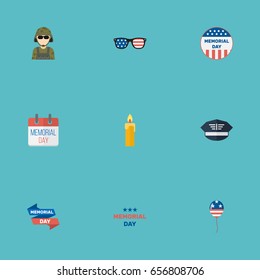 Flat Icons Decoration, Hat, Ribbon And Other Vector Elements. Set Of History Flat Icons Symbols Also Includes Usa, Soldier, Holiday Objects.