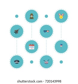 Flat Icons Decoration, Medallion, Hat And Other Vector Elements. Set Of History Flat Icons Symbols Also Includes Award, Man, Instrument Objects.
