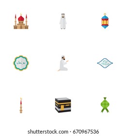Flat Icons Decorative, Arabian, Arabic Calligraphy And Other Vector Elements. Set Of Holiday Flat Icons Symbols Also Includes Eid, Mekkah, Arabic Objects.