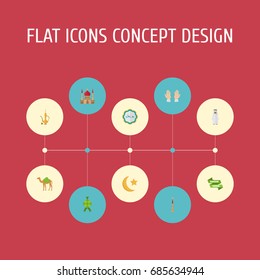 Flat Icons Decorative, New Lunar, Ramadan Kareem And Other Vector Elements. Set Of Ramadan Flat Icons Symbols Also Includes Calligraphy, Camel, Minaret Objects.