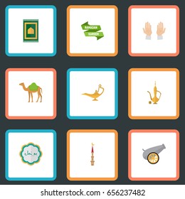 Flat Icons Decorative, Palm, Prayer Carpet And Other Vector Elements. Set Of Religion Flat Icons Symbols Also Includes Dromedary, Artillery, Building Objects.