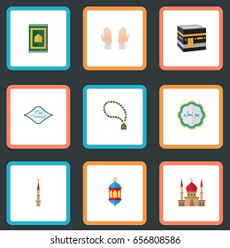 Flat Icons Decorative, Prayer Carpet, Minaret And Other Vector Elements. Set Of Ramadan Flat Icons Symbols Also Includes Islam, Arabic, Palm Objects.