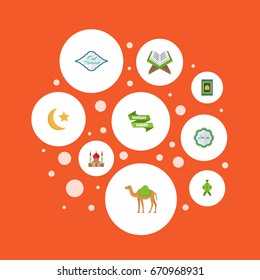 Flat Icons Decorative, Prayer Carpet, Minaret And Other Vector Elements. Set Of Ramadan Flat Icons Symbols Also Includes Carpet, Koran, Raya Objects.