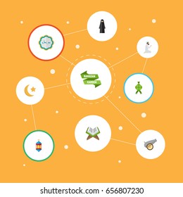 Flat Icons Decorative, Praying Man, Islamic Lamp And Other Vector Elements. Set Of Holiday Flat Icons Symbols Also Includes Man, Book, Arabic Objects.