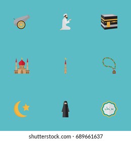 Flat Icons Decorative, Praying Man, Minaret And Other Vector Elements. Set Of Holiday Flat Icons Symbols Also Includes Rosary, Decorative, Namaz Objects.