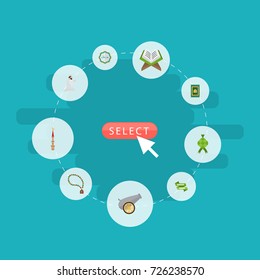 Flat Icons Decorative, Ramadan Kareem, Bead And Other Vector Elements. Set Of Holiday Flat Icons Symbols Also Includes Hari, Building, Koran Objects.