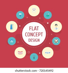 Flat Icons Dental Crown, Equipment, Implantation And Other Vector Elements. Set Of Tooth Flat Icons Symbols Also Includes Healthy, Implant, Dentition Objects.