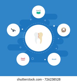Flat Icons Dentition, Artificial Teeth, Stomatology And Other Vector Elements. Set Of Dental Flat Icons Symbols Also Includes X-Ray, Floss, Medicine Objects.
