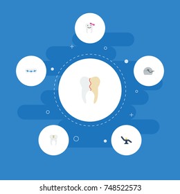 Flat Icons Dentition, Decay, Furniture And Other Vector Elements. Set Of Dental Flat Icons Symbols Also Includes Halitosis, Chair, Treatment Objects.