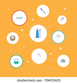 Flat Icons Dentition, Halitosis, Decay And Other Vector Elements. Set Of Dental Flat Icons Symbols Also Includes Toothpaste, Halitosis, Radiology Objects.